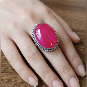 Hot Pink Statement Ring Chunky Oval Cabochon Silver Tone Bold Y2K Barbiecore